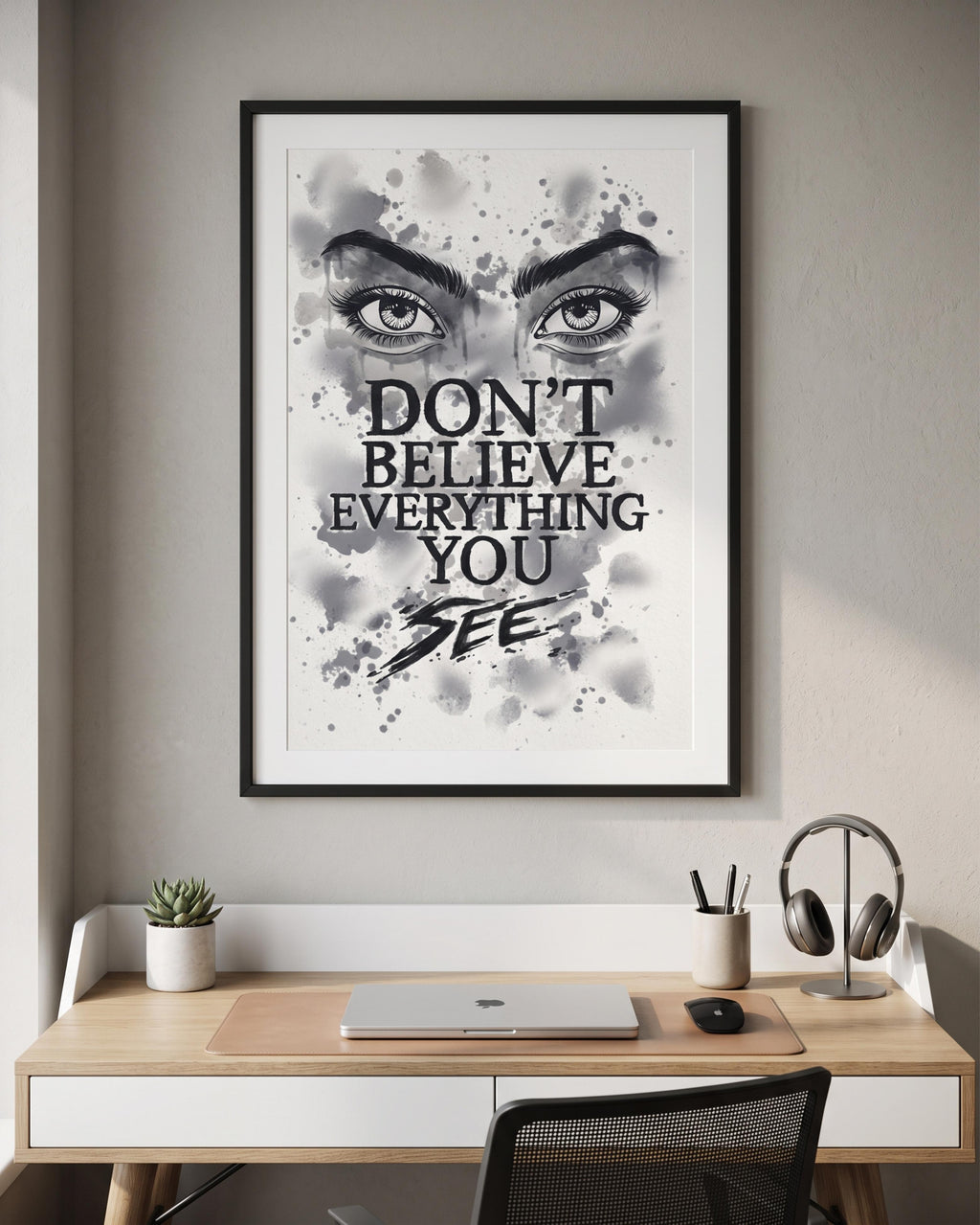 Don't Believe Everything You Think Poster | Dark Surreal Eyes Print, Moody Black White Decor