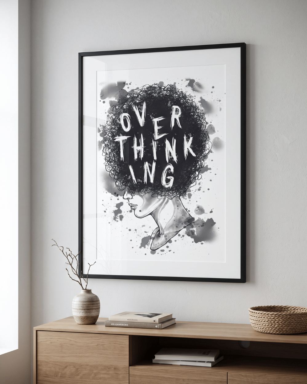 Overthinking Wall Art | Dark Psychology Poster | Moody Black White Decor
