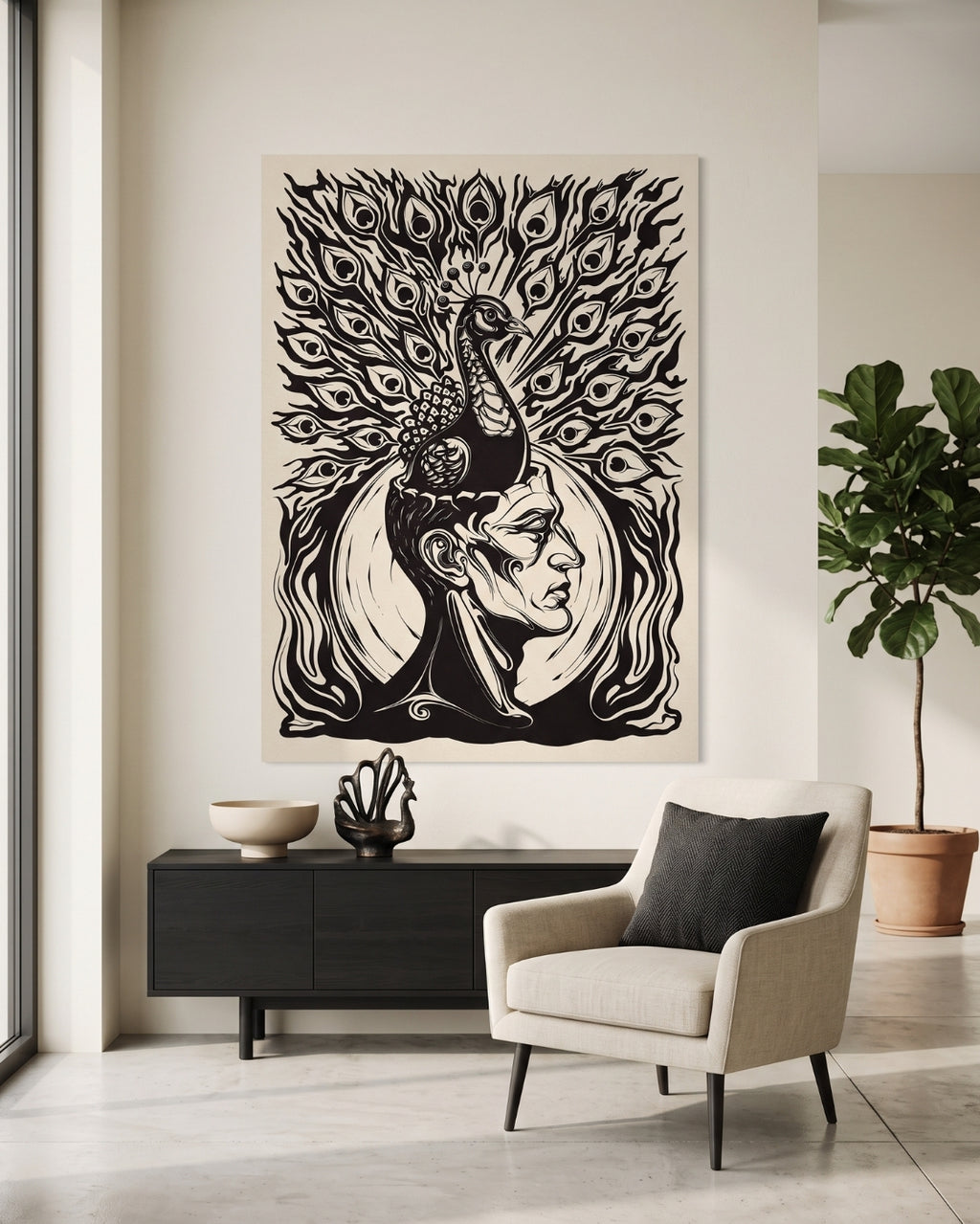 Peacock Linocut Print | Dark Academia Gothic Wall Art (Rolled Poster)