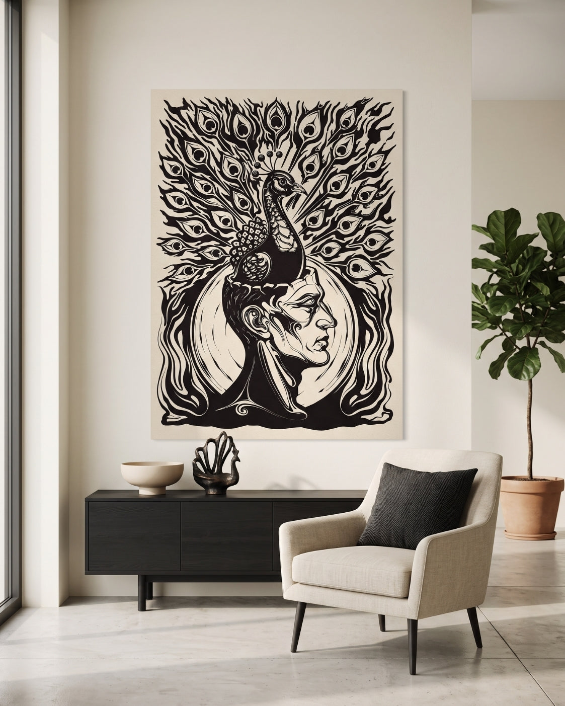 Peacock Linocut Print | Dark Academia Gothic Wall Art (Rolled Poster)