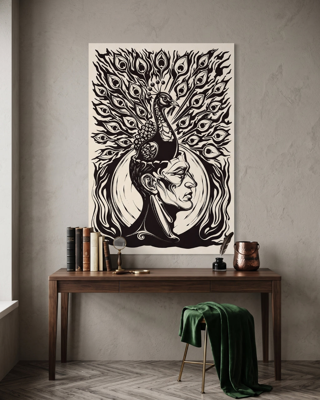 Peacock Linocut Print | Dark Academia Gothic Wall Art (Rolled Poster)