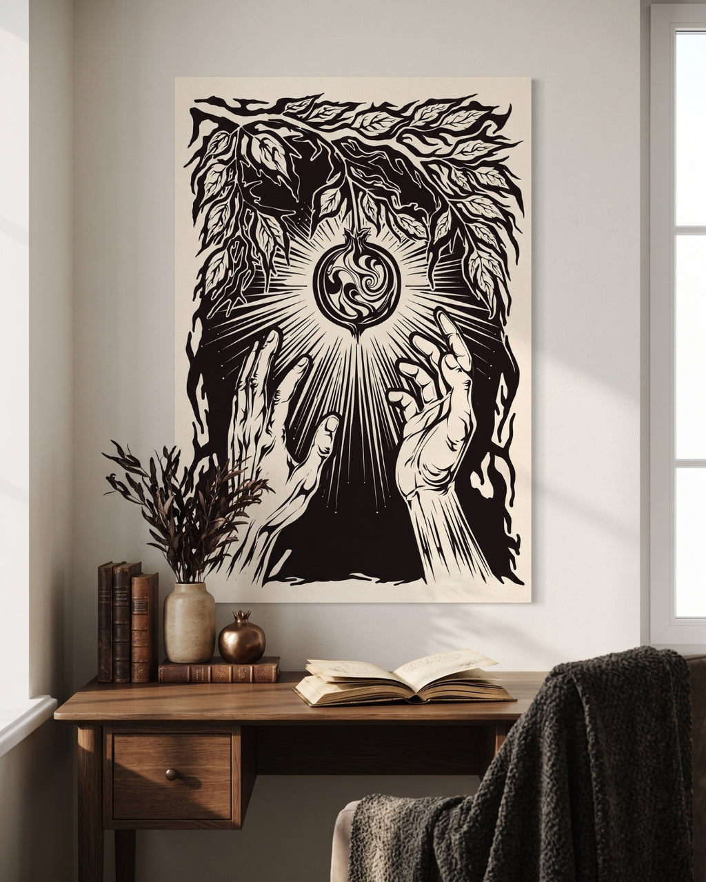Persephone Pomegranate Linocut Print | Gothic Dark Academia Wall Art