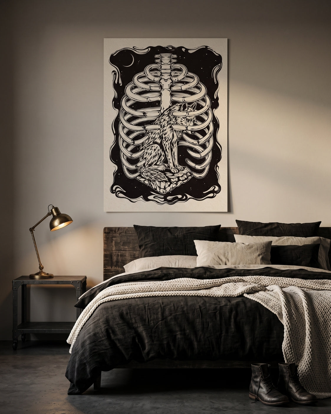 Wolf Ribcage Print | Memento Mori Wall Art | Gothic Linocut Poster | Skeleton Decor | Loneliness
