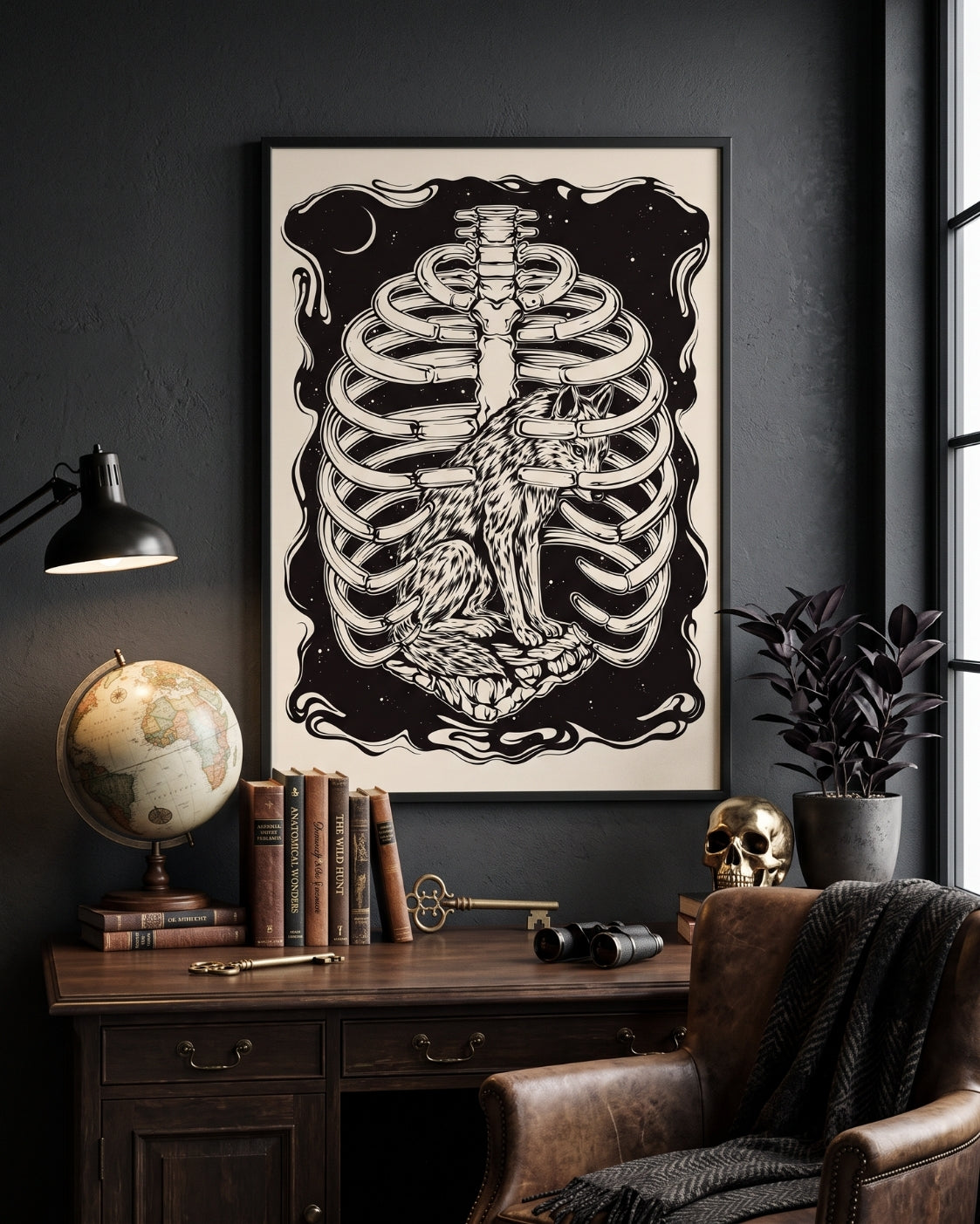 Wolf Ribcage Print | Memento Mori Wall Art | Gothic Linocut Poster | Skeleton Decor | Loneliness