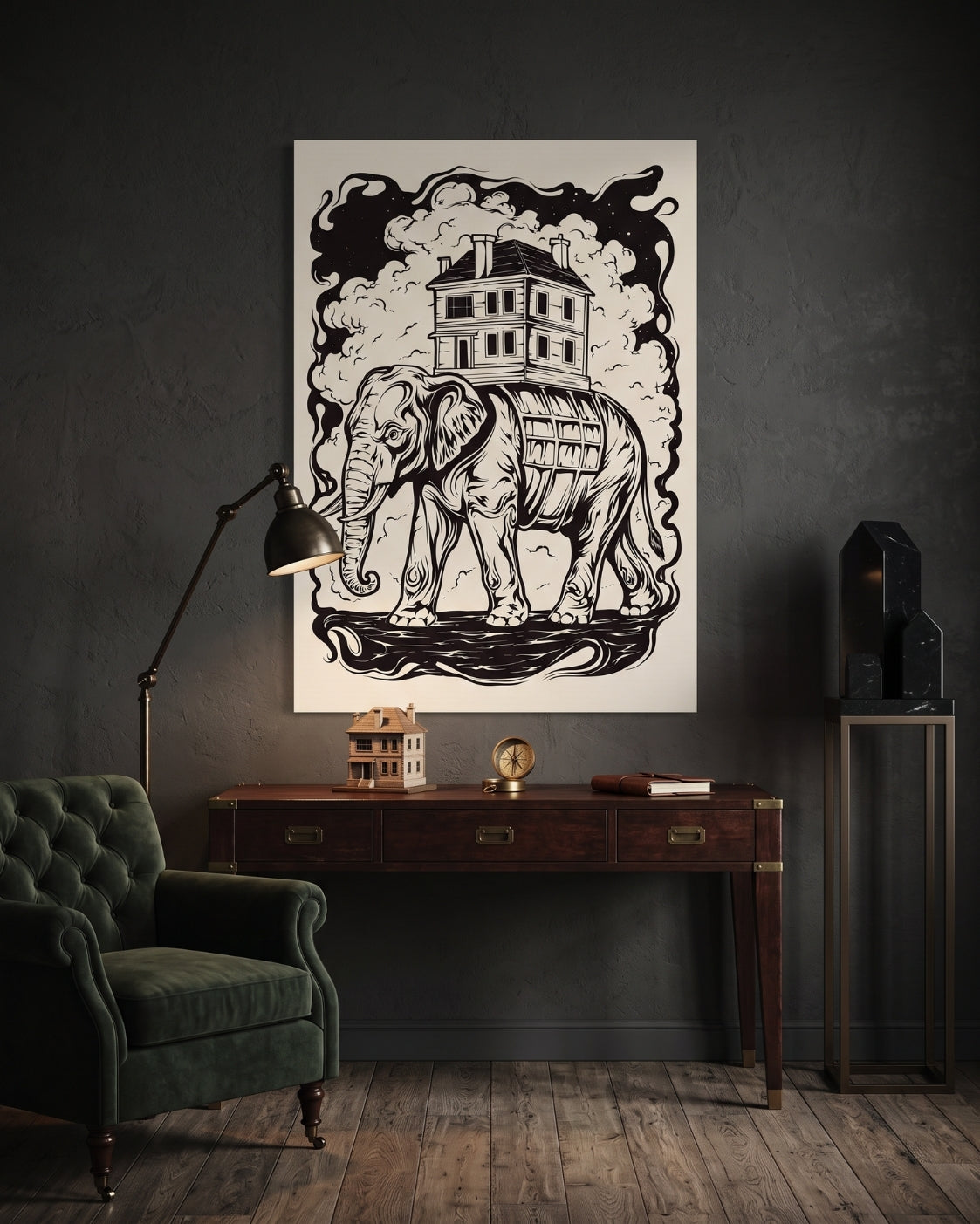 Elephant Carrying House Print | Surreal Wall Art | Gothic Linocut Poster | Nostalgia Decor | Memory