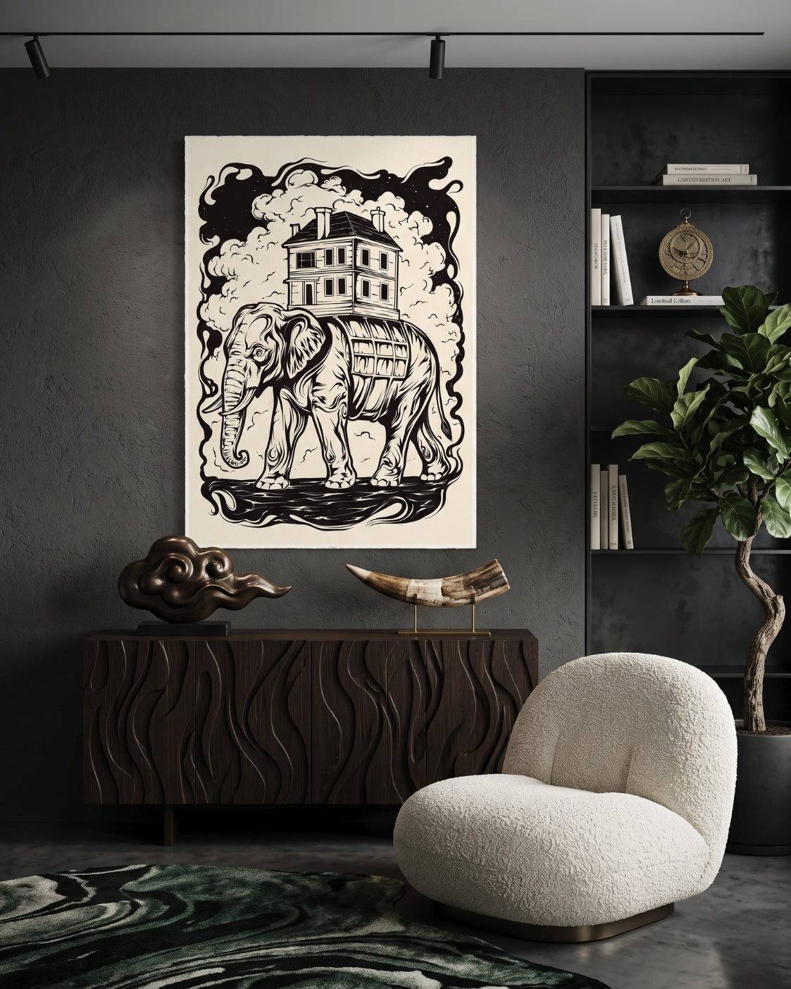 Elephant Carrying House Print | Surreal Wall Art | Gothic Linocut Poster | Nostalgia Decor | Memory