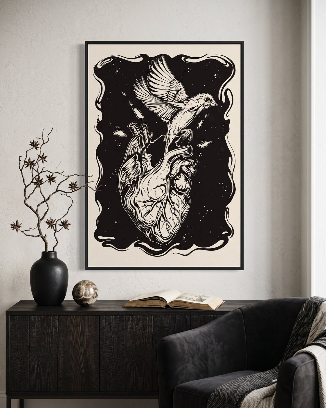 Anatomical Heart Bird Print | Dark Academia Wall Art | Gothic Linocut Poster | Bedroom Decor | Freedom