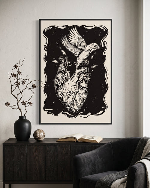 Anatomical Heart Bird Print | Dark Academia Wall Art | Gothic Linocut Poster | Bedroom Decor | Freedom