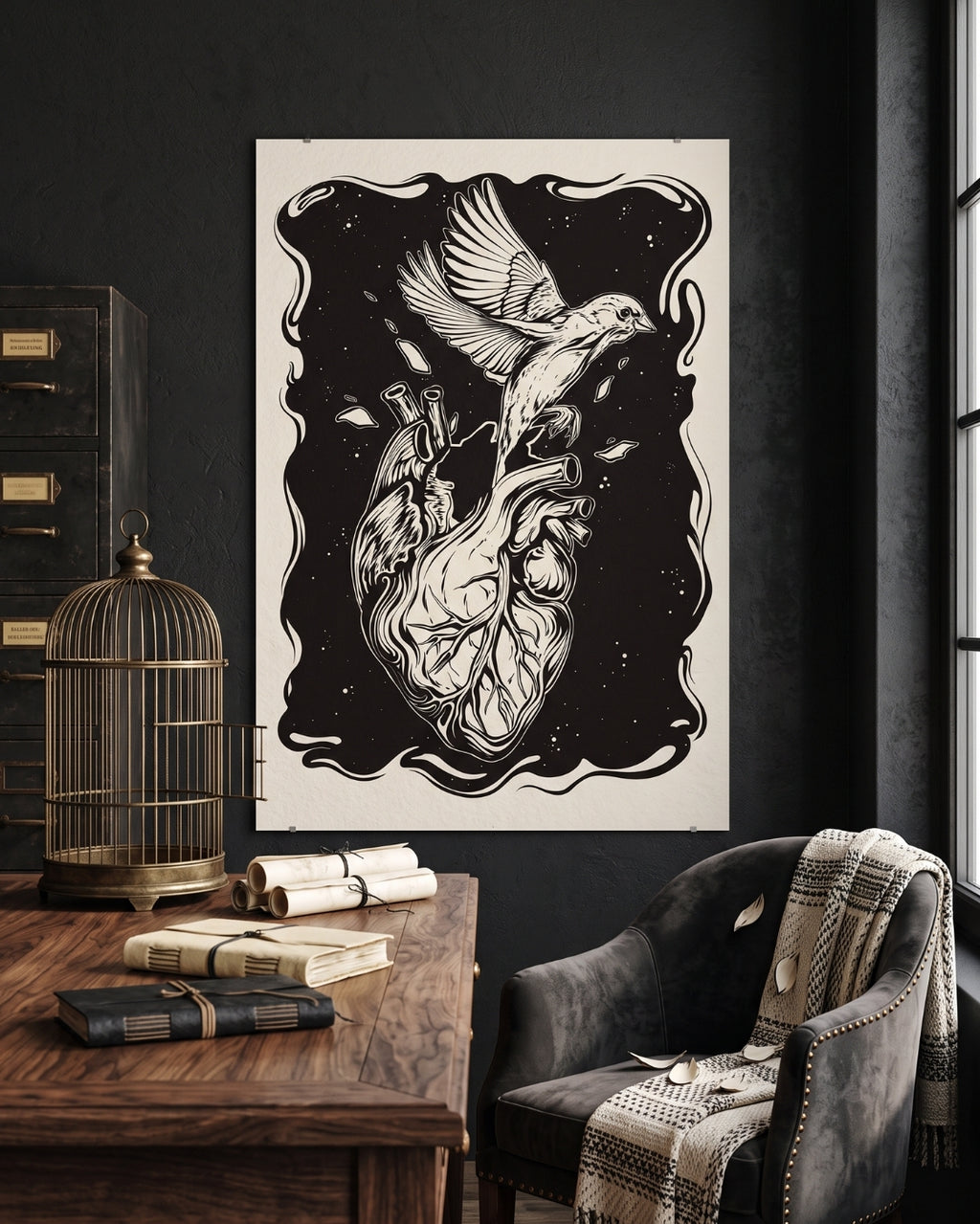 Anatomical Heart Bird Print | Dark Academia Wall Art | Gothic Linocut Poster | Bedroom Decor | Freedom