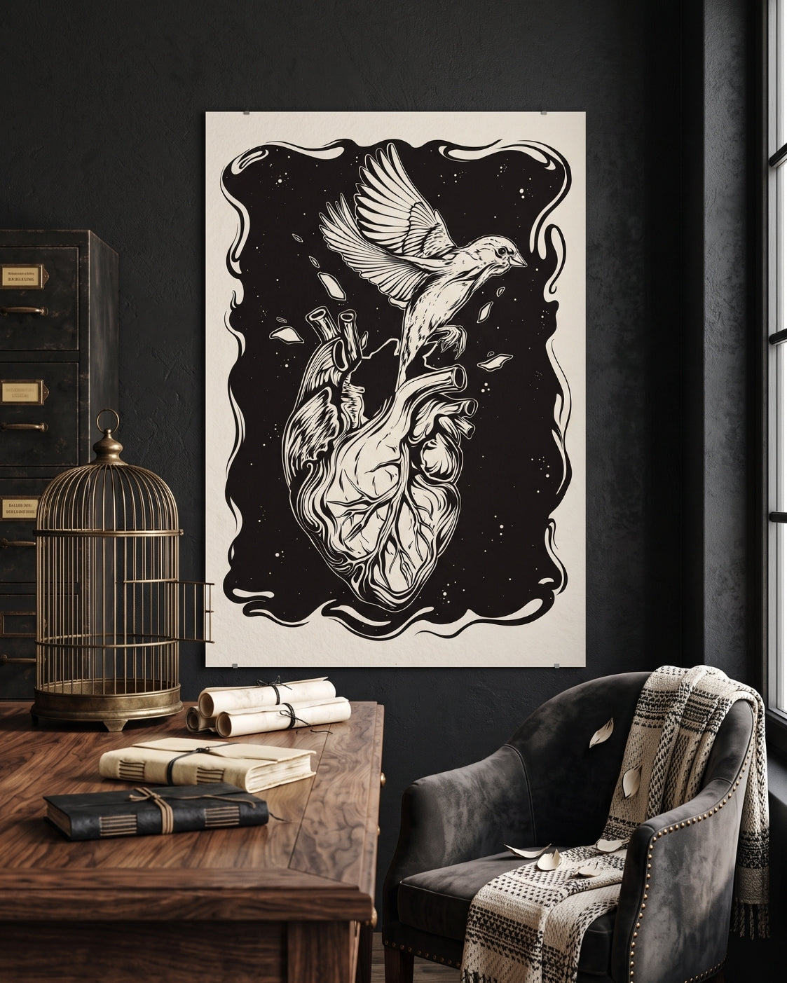 Anatomical Heart Bird Print | Dark Academia Wall Art | Gothic Linocut Poster | Bedroom Decor | Freedom