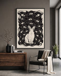 Rabbit With Eyes Print | Surreal Dark Academia Wall Art | Gothic Linocut Poster | Creepy Cute Black and Beige Decor | Paranoia