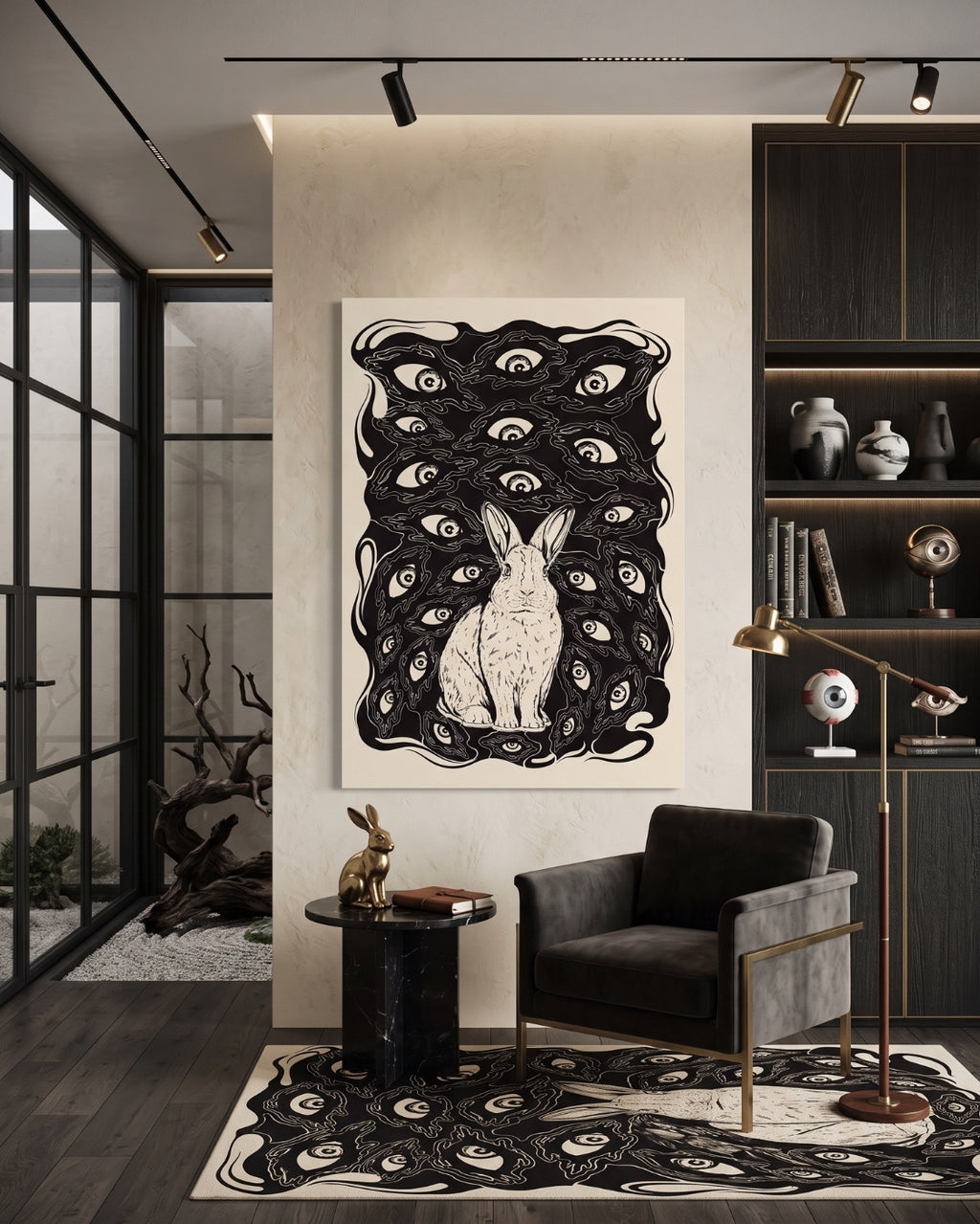 Rabbit With Eyes Print | Surreal Dark Academia Wall Art | Gothic Linocut Poster | Creepy Cute Black and Beige Decor | Paranoia