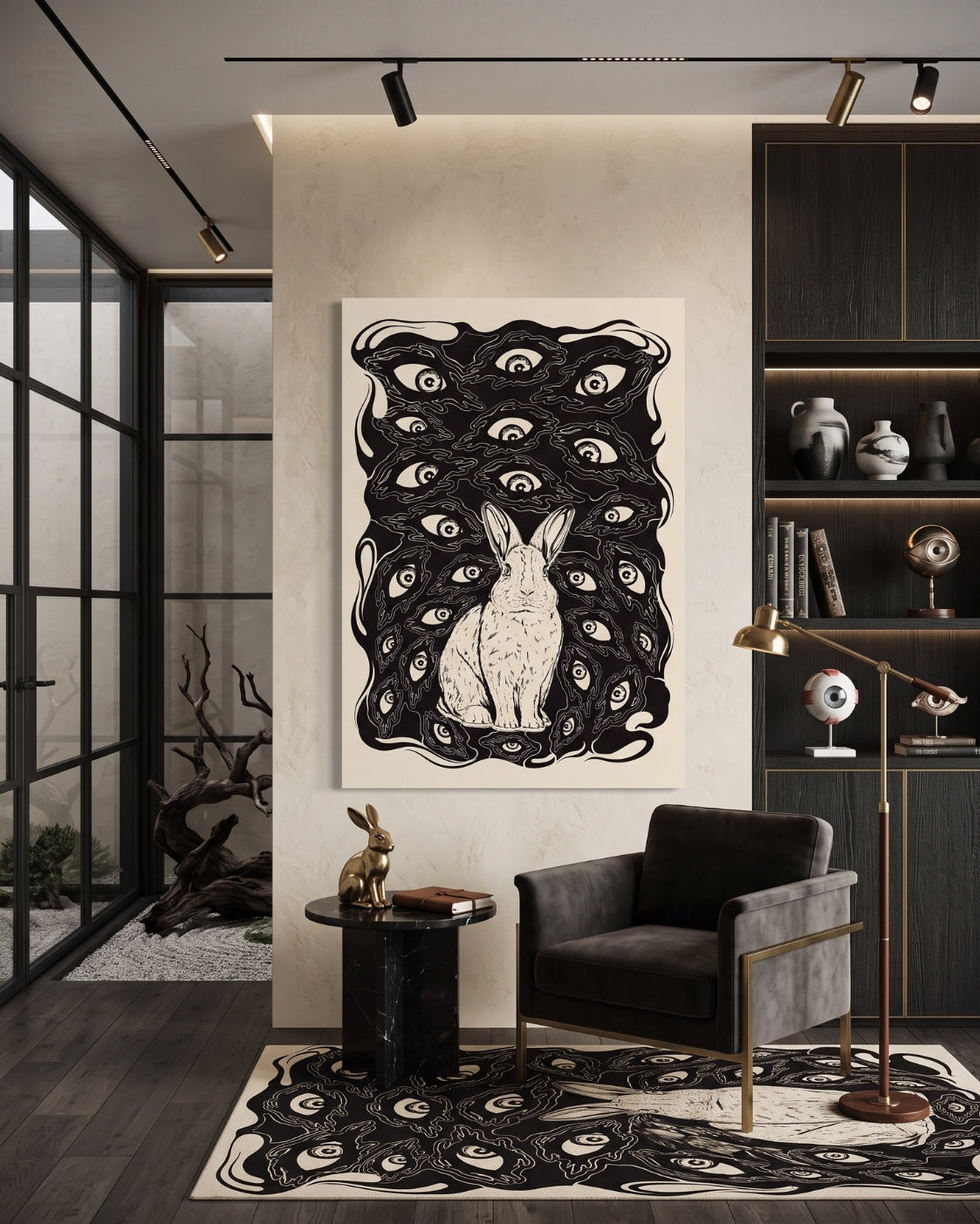 Rabbit With Eyes Print | Surreal Dark Academia Wall Art | Gothic Linocut Poster | Creepy Cute Black and Beige Decor | Paranoia