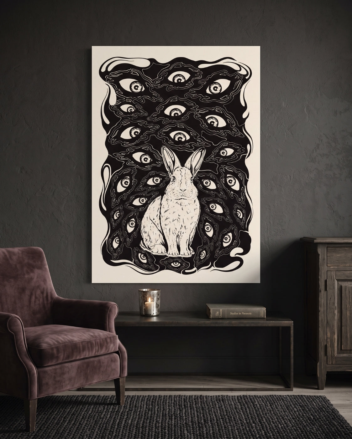 Rabbit With Eyes Print | Surreal Dark Academia Wall Art | Gothic Linocut Poster | Creepy Cute Black and Beige Decor | Paranoia