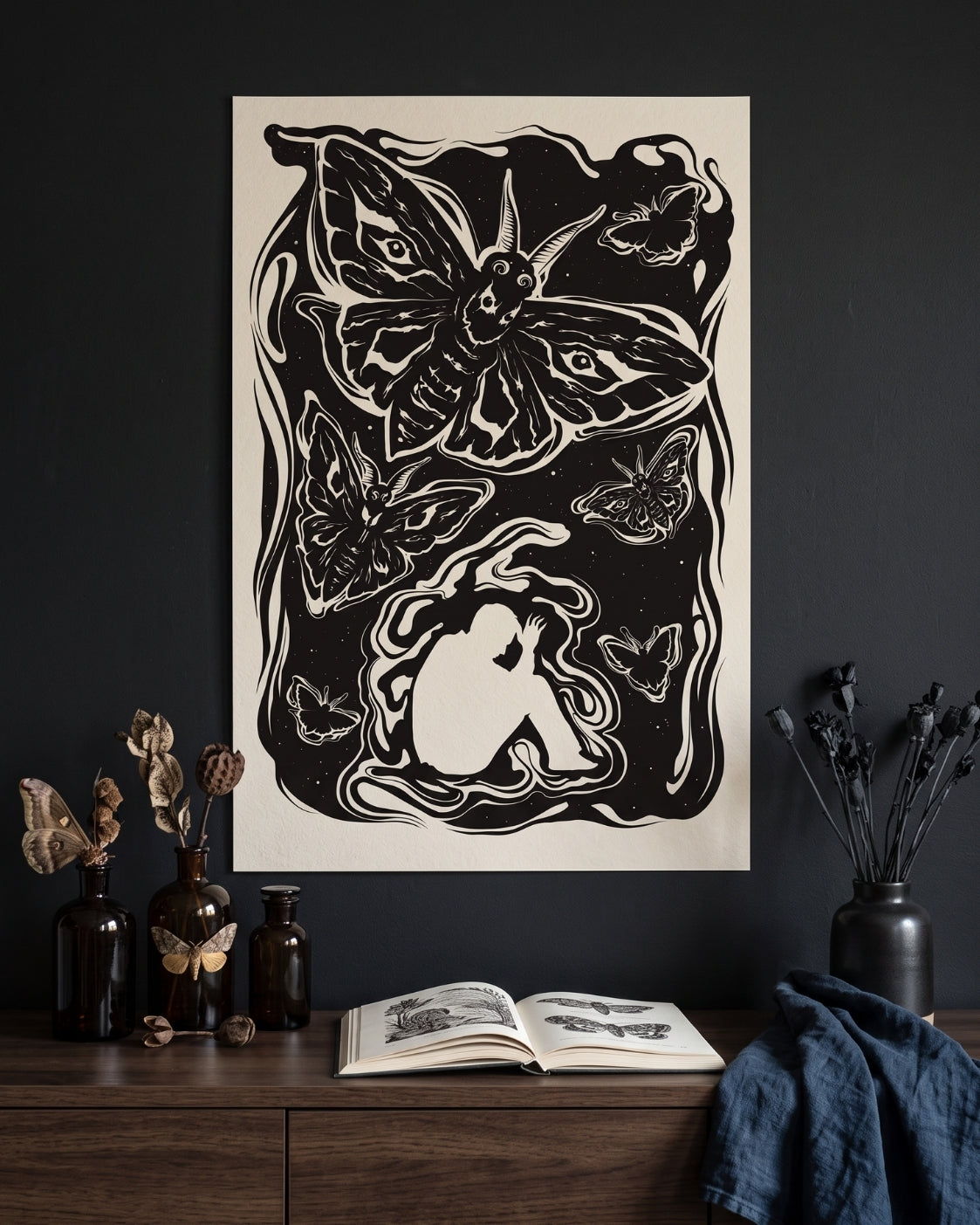 Moth Wall Art Print | Dark Academia Decor | Gothic Linocut Poster | Witchy Cottagecore Art | Fear