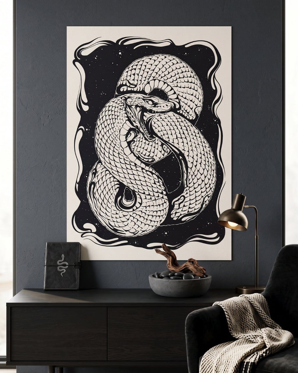 Ouroboros Snake Print | Occult Wall Art | Dark Academia Linocut Poster | Witchy Gothic Decor | Obsession