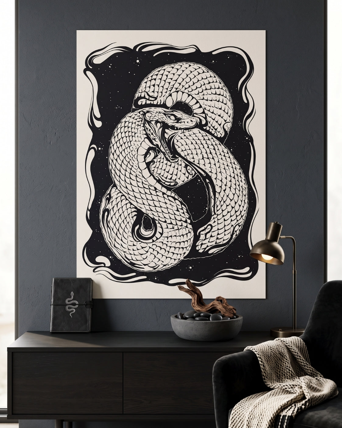 Ouroboros Snake Print | Occult Wall Art | Dark Academia Linocut Poster | Witchy Gothic Decor | Obsession