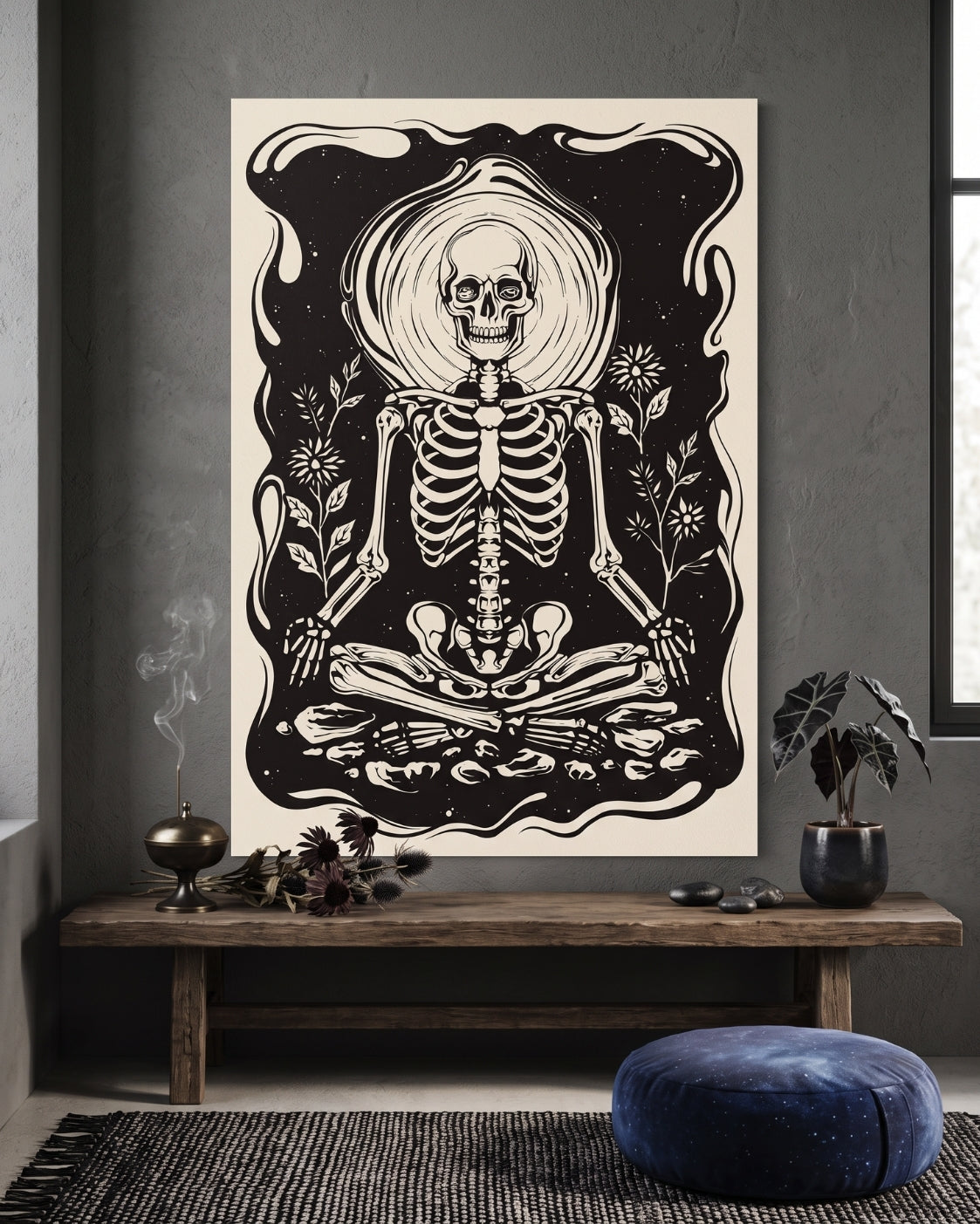 Meditating Skeleton Print | Memento Mori Wall Art | Gothic Linocut Poster | Zen Skull Decor | Acceptance