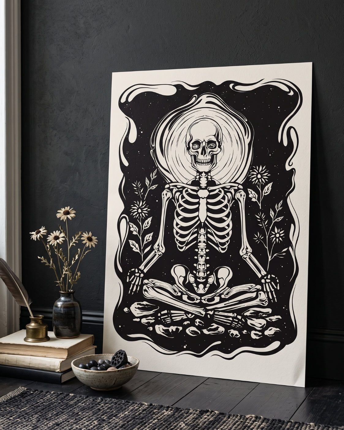 Meditating Skeleton Print | Memento Mori Wall Art | Gothic Linocut Poster | Zen Skull Decor | Acceptance