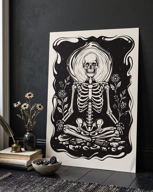 Acceptance – Meditating Skeleton Linocut Print