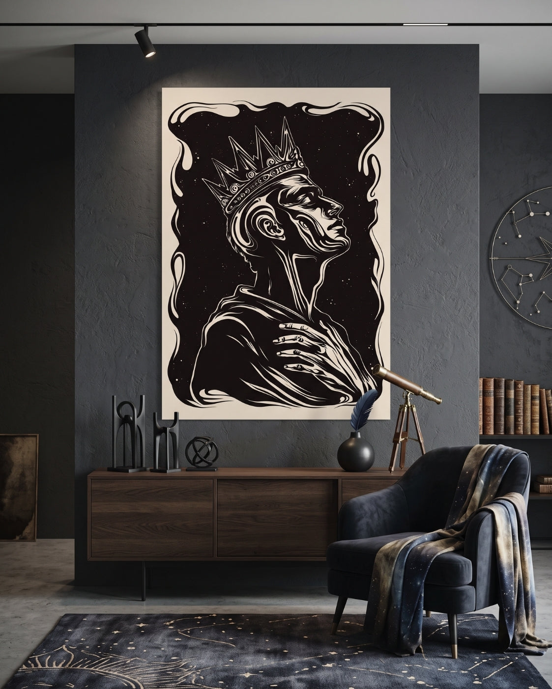 Crowned King Linocut Print | Seven Deadly Sins Pride Art | Gothic Dark Academia Wall Art | Moody Living Room Decor