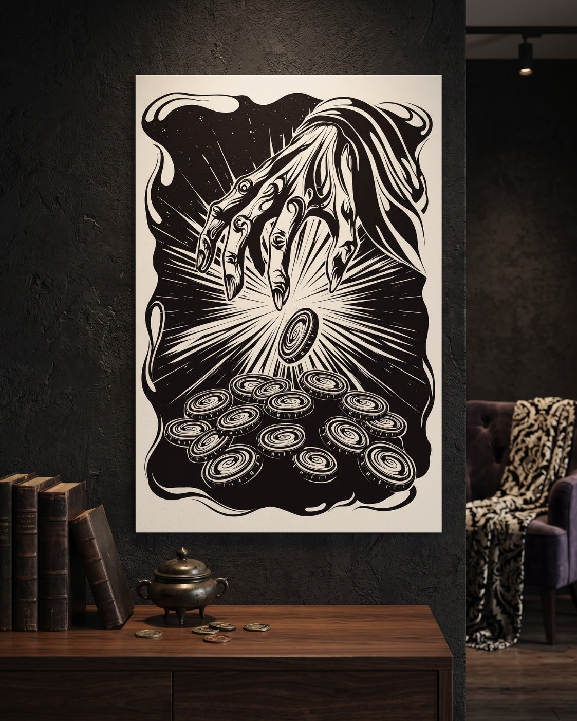 Clawed Hand Coins Linocut Print | Seven Deadly Sins Greed Art | Gothic Dark Academia Wall Art | Occult Home Decor