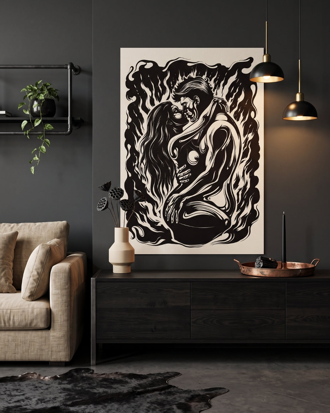 Lovers Embrace Linocut Print | Seven Deadly Sins Lust Art | Dark Romantic Bedroom Wall Art | Gothic Home Decor