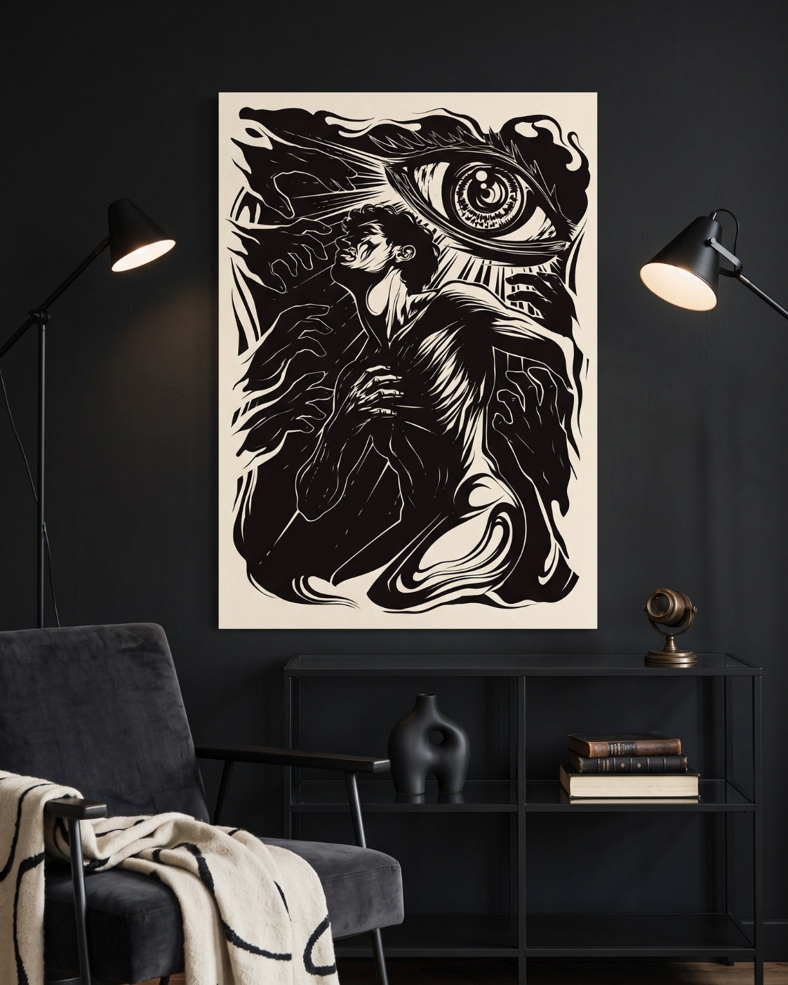 Giant Eye Figure Linocut Print | Seven Deadly Sins Envy Art | Gothic Dark Academia Wall Art | Surreal Home Decor