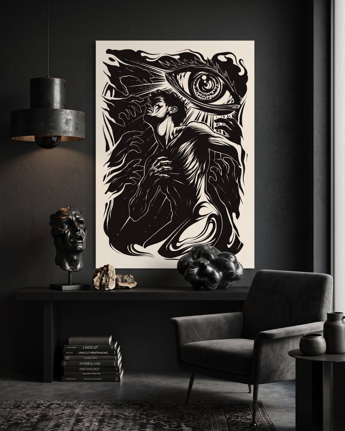 Giant Eye Figure Linocut Print | Seven Deadly Sins Envy Art | Gothic Dark Academia Wall Art | Surreal Home Decor