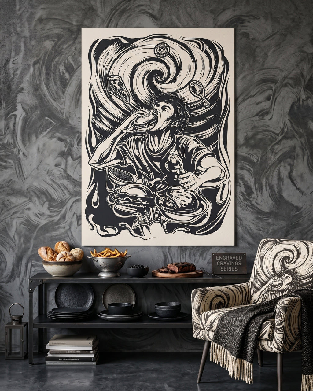Feasting Figure Linocut Print | Seven Deadly Sins Gluttony Art | Gothic Kitchen Wall Art | Dark Academia Dining Decor