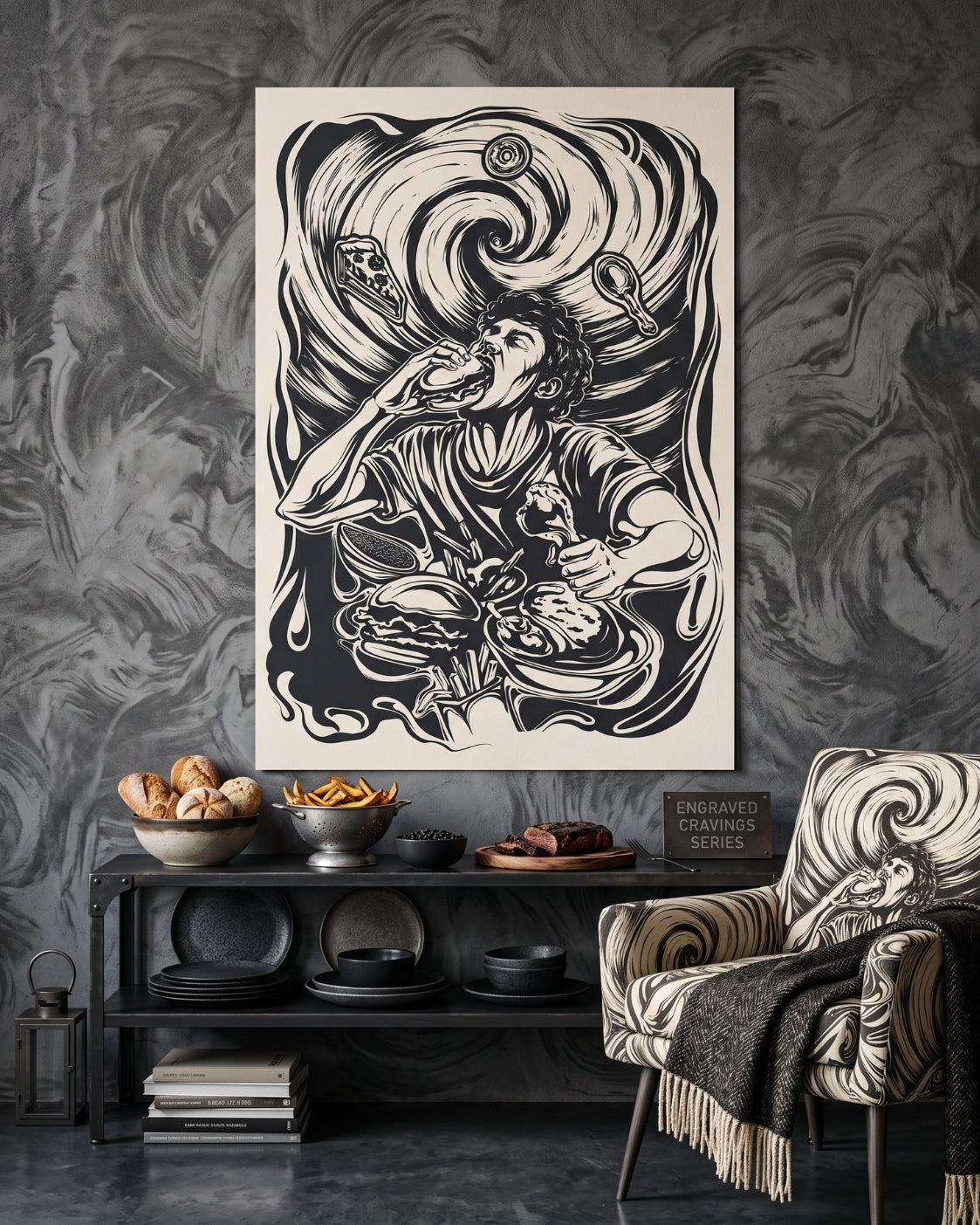 Feasting Figure Linocut Print | Seven Deadly Sins Gluttony Art | Gothic Kitchen Wall Art | Dark Academia Dining Decor