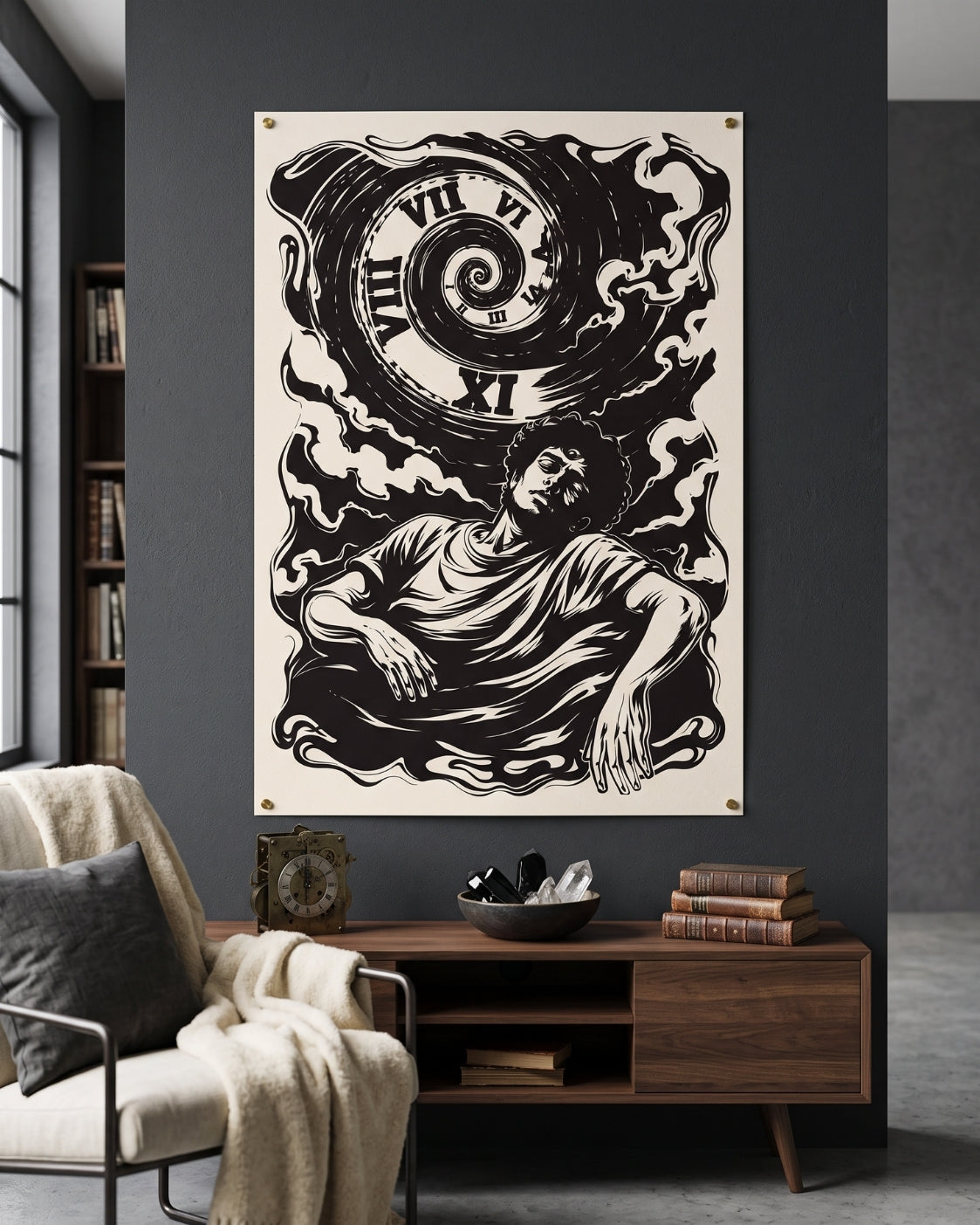 Gothic Clock Linocut Print | Seven Deadly Sins Sloth Art | Vintage Dark Academia Wall Art | Moody Office Decor