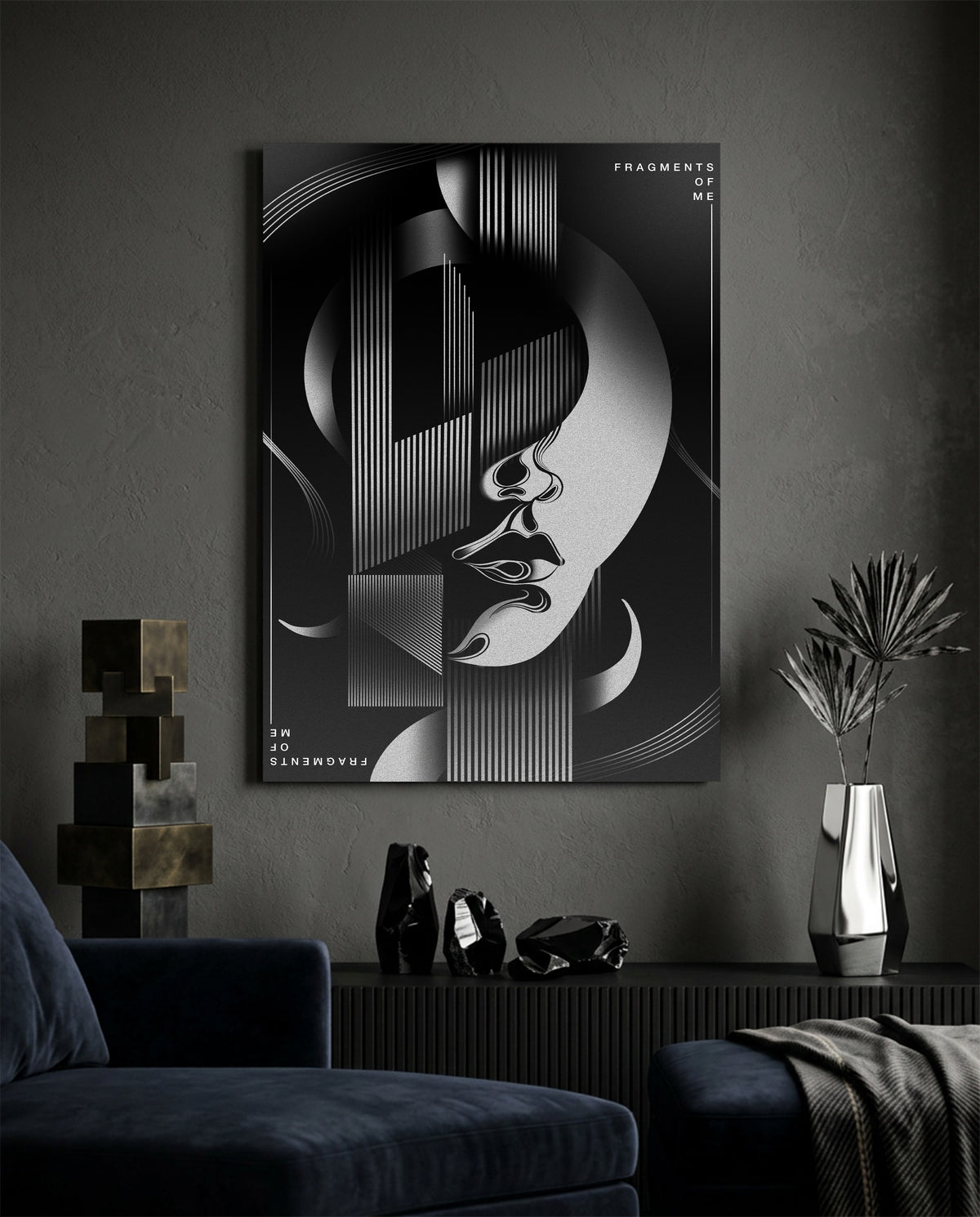 Fragments of Me - fragmented face behind vertical bars and a crescent - hand-drawn black and white surreal poster by Wichitra