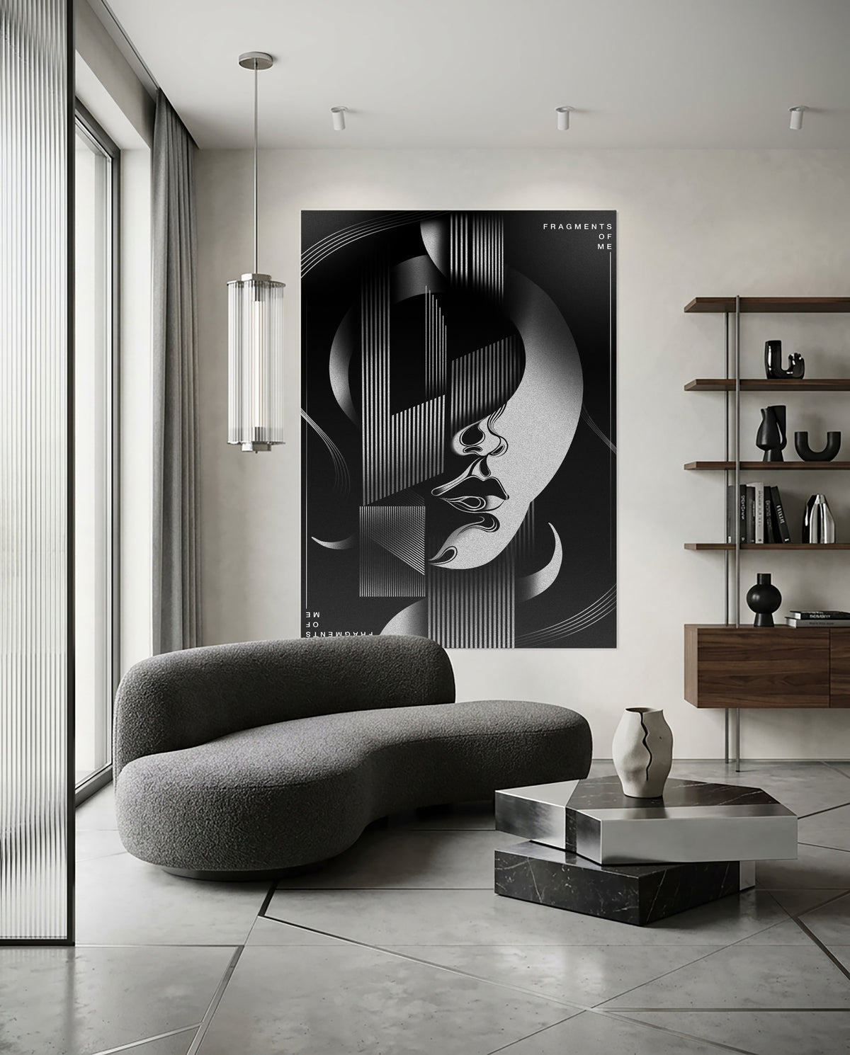 Fragments of Me monochrome poster shown framed in a room setting - Wichitra wall art