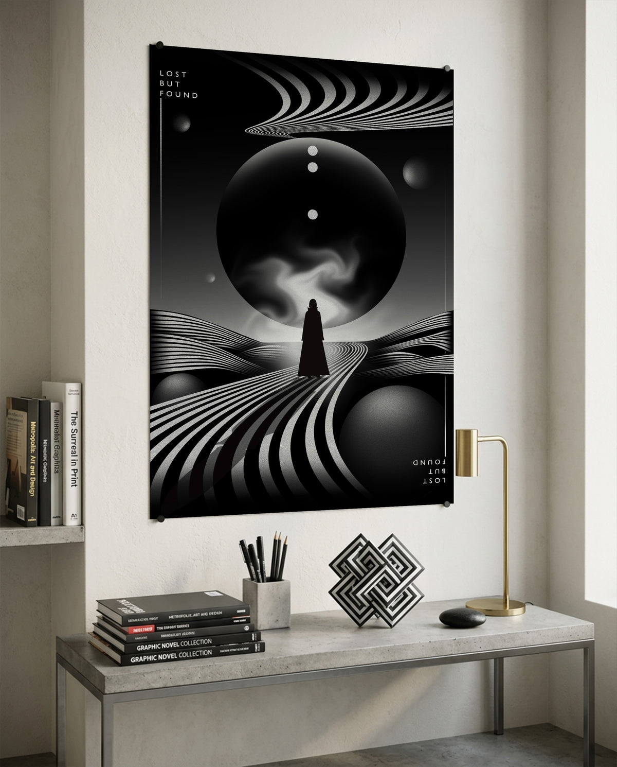 Lost But Found monochrome poster shown framed in a room setting - Wichitra wall art