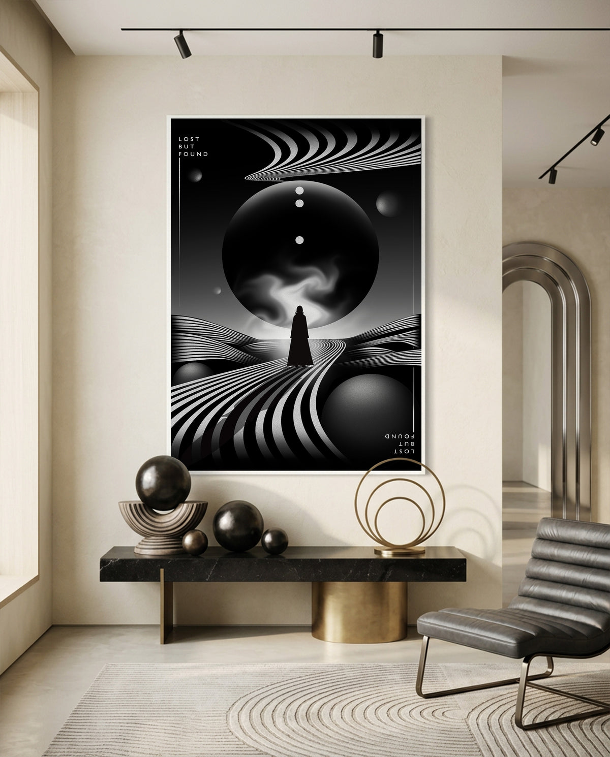 Lost But Found - cloaked figure walking toward a giant moon over striped ground - hand-drawn black and white surreal poster by Wichitra