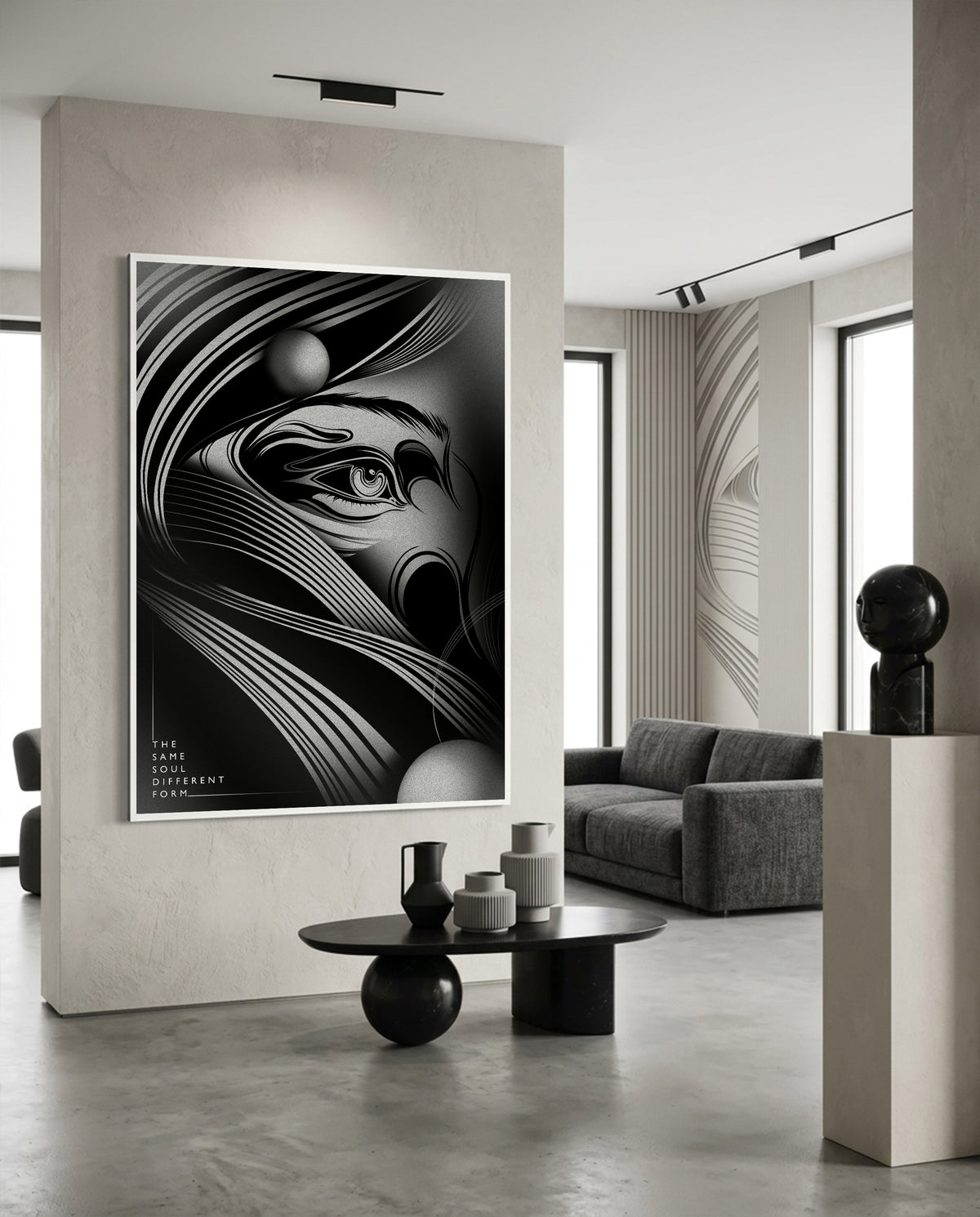 The Same Soul Different Form monochrome poster shown framed in a room setting - Wichitra wall art