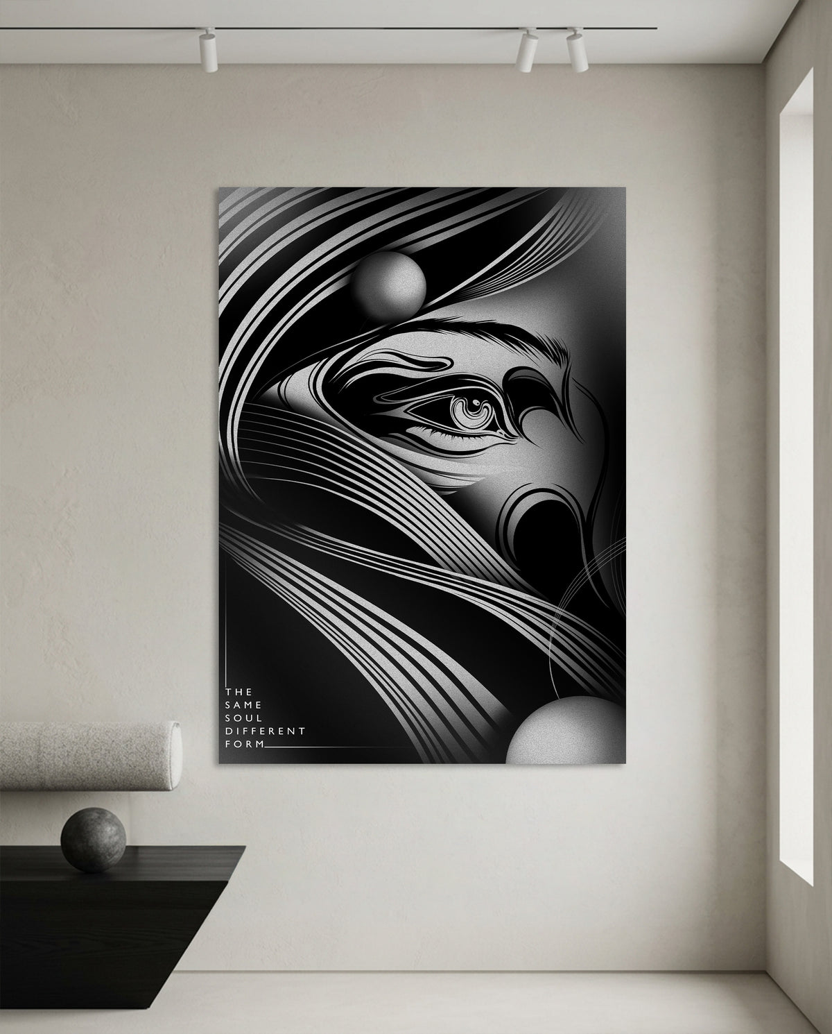 The Same Soul Different Form - close-up eye held inside flowing ribbons and spheres - hand-drawn black and white surreal poster by Wichitra