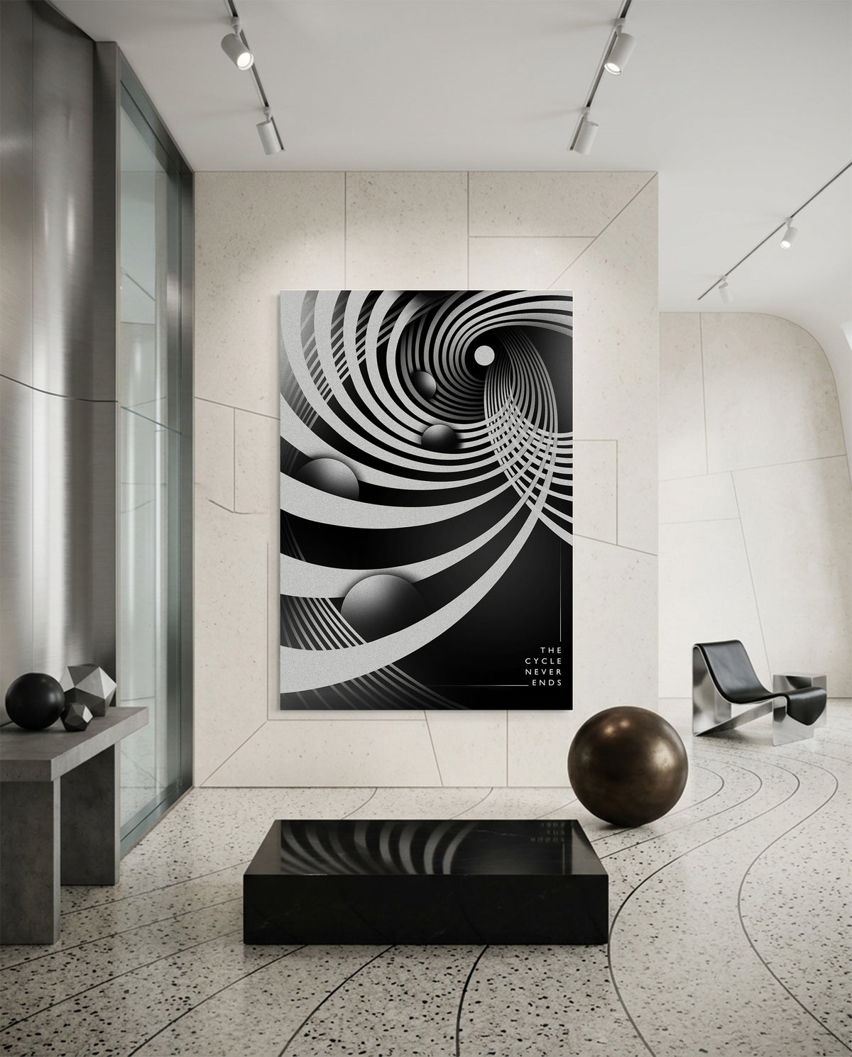 The Cycle Never Ends - spiral of ribbons with spheres caught in the pull - hand-drawn black and white surreal poster by Wichitra