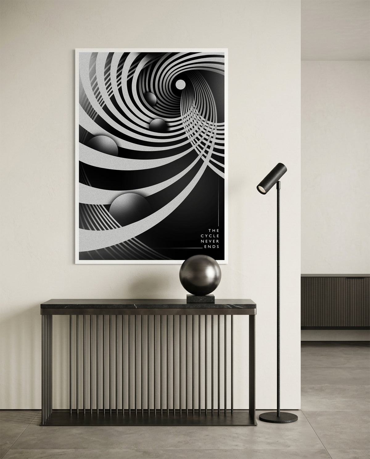 The Cycle Never Ends monochrome poster shown framed in a room setting - Wichitra wall art