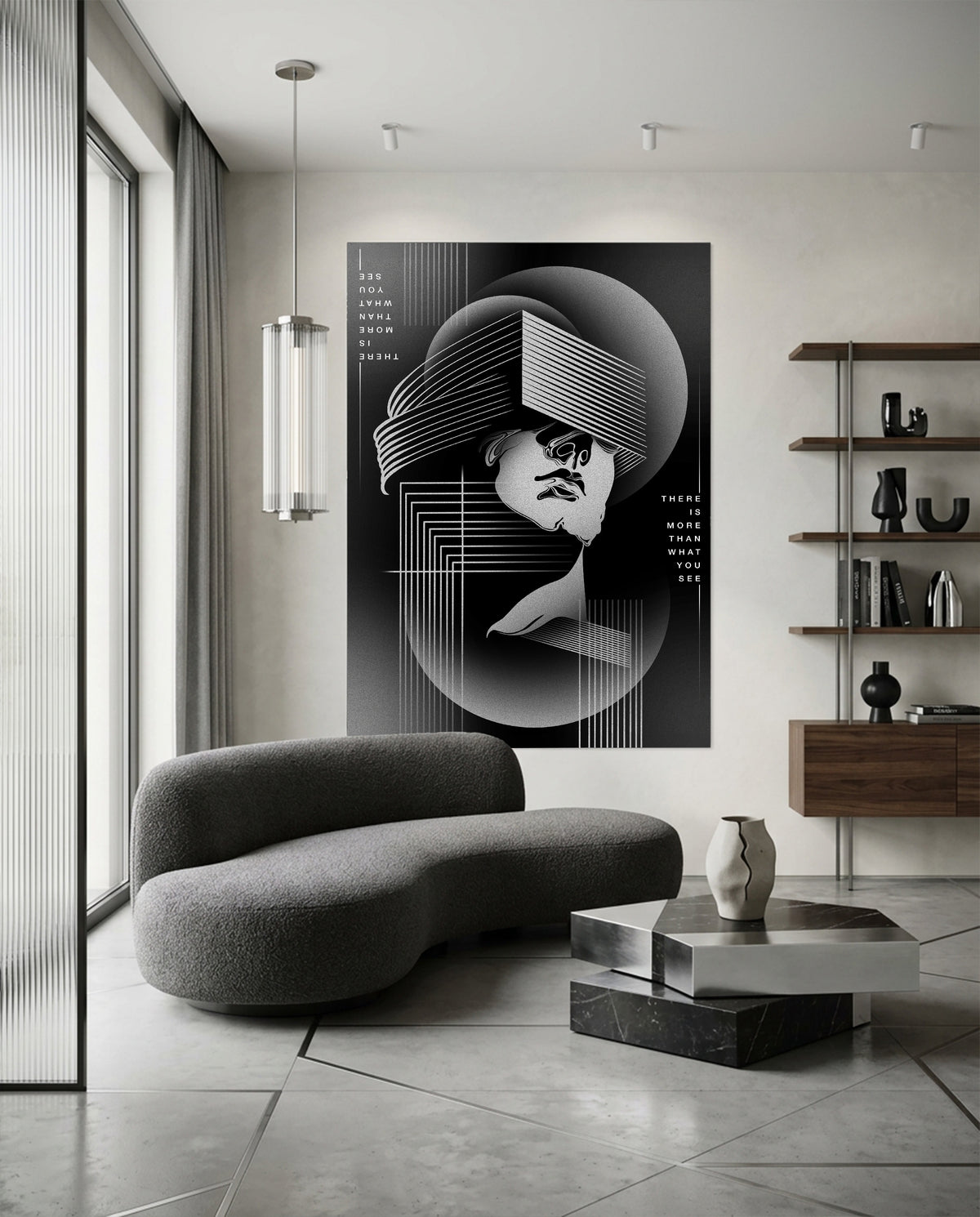 There Is More Than What You See monochrome poster shown framed in a room setting - Wichitra wall art
