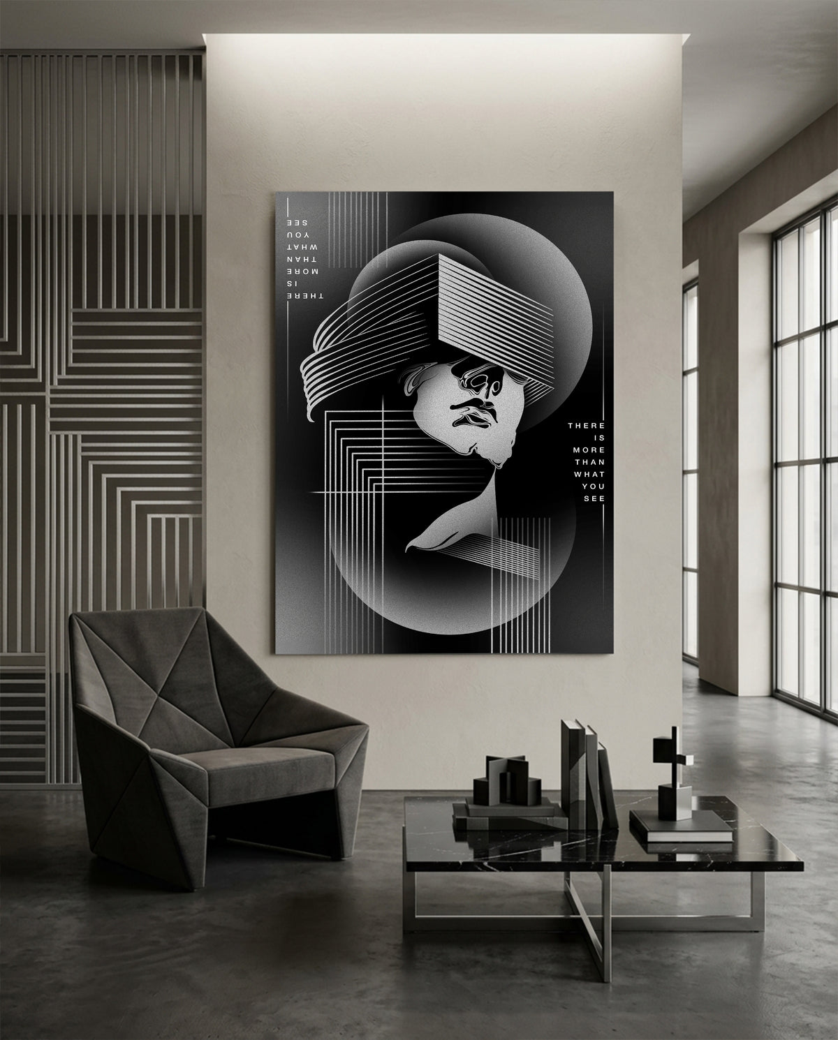 There Is More Than What You See - sculpted face with geometric planes over the eyes - hand-drawn black and white surreal poster by Wichitra
