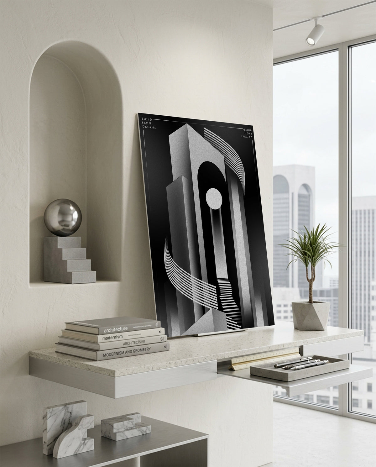 Build From Dreams monochrome poster shown framed in a room setting - Wichitra wall art